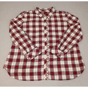 TALBOTS Black Red White Plaid Stretch Ruffle Holiday Shirt Blouse Top XL